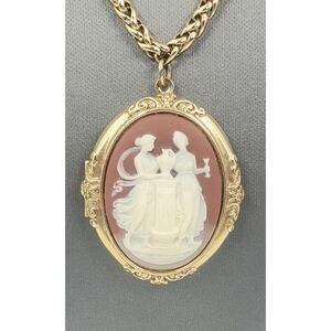 Antiquities Couture/1928 Jewelry Carnelian Grecian Muses Cameo Locket Necklace